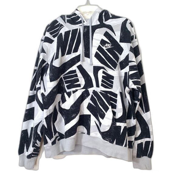 Nike Men's Sportswear All Over Print Futura Club Pullover Hoodie Size L Black - Picture 1 of 8
